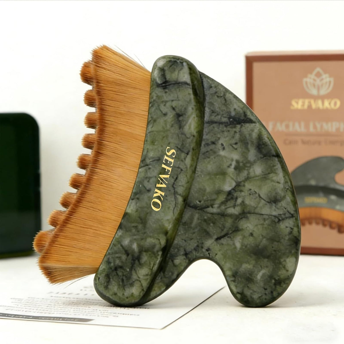 SEFVAKO front view of dual-ended brush and packaging showing compact design and benefits