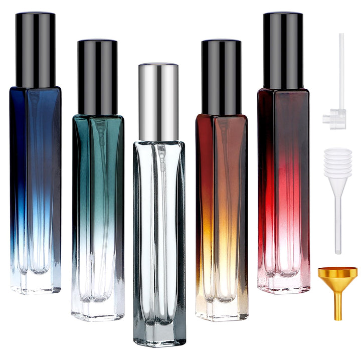 Segbeauty front view of five 10ml glass atomizers, travel-ready convenience