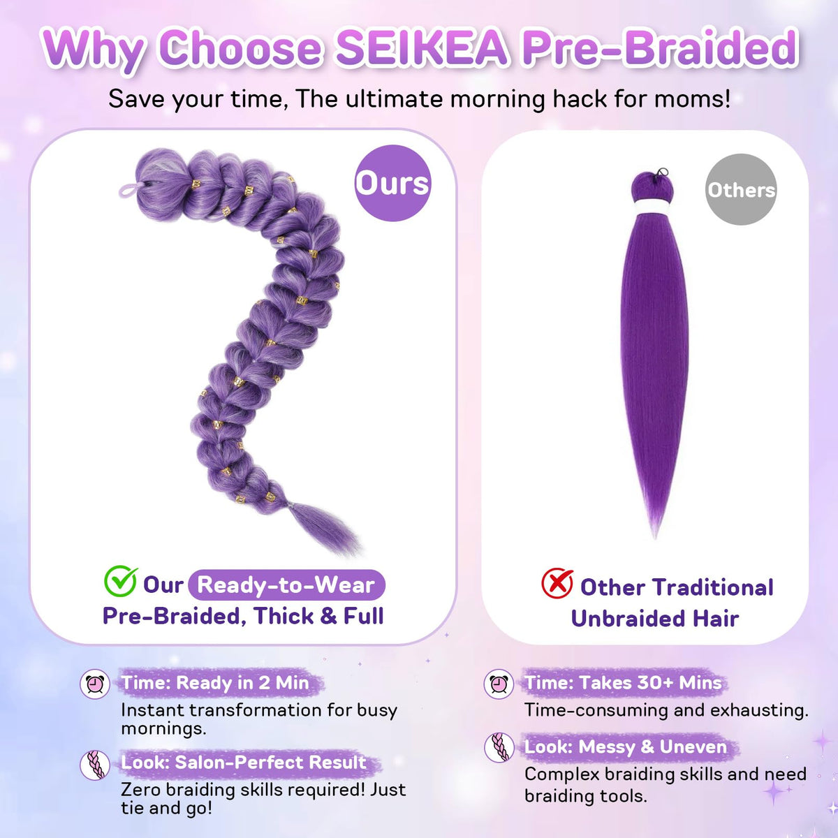 SEIKEA length comparison next to ruler, 30-inch dramatic purple length