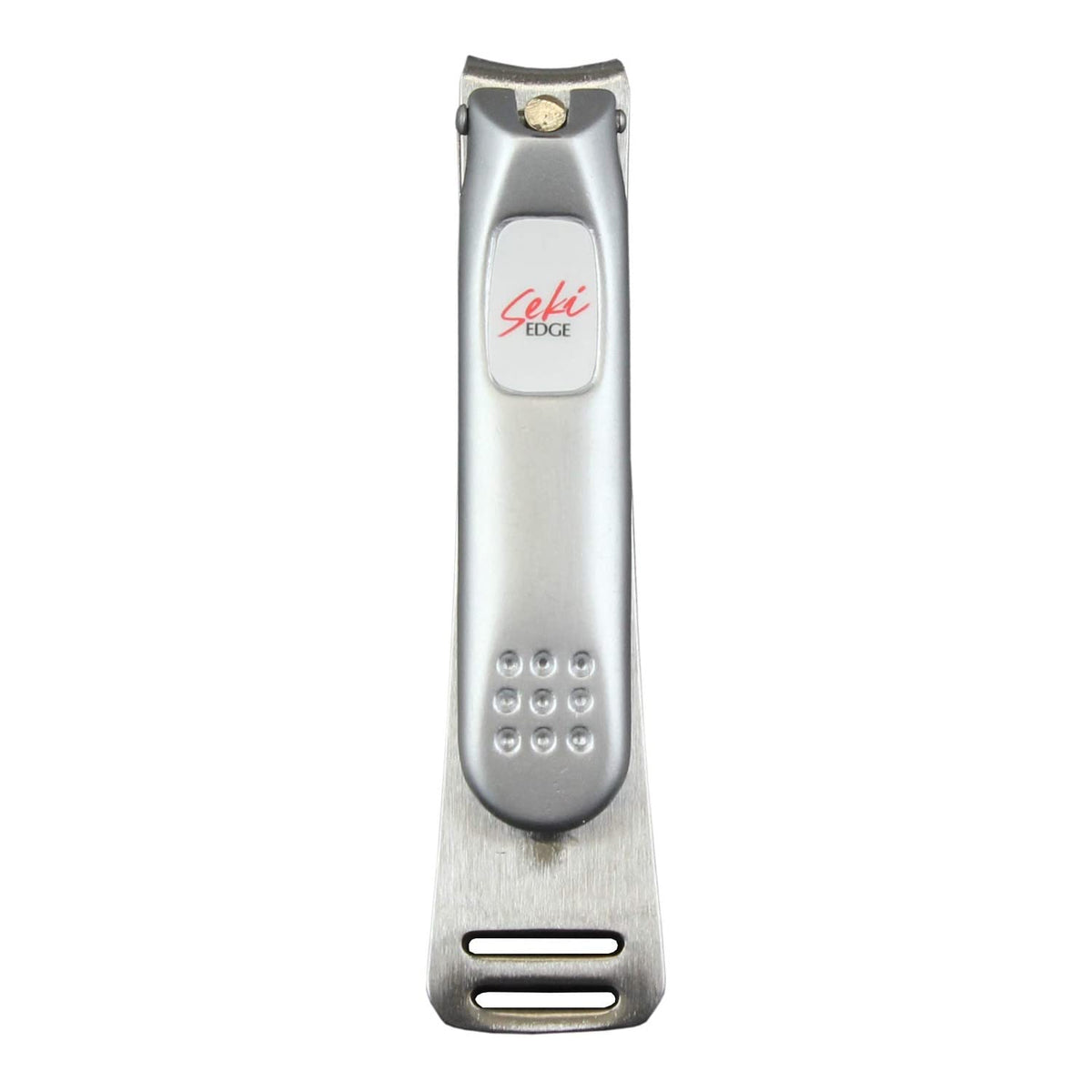 Seki EDGE front view showing compact stainless-steel clipper and precise tip benefit