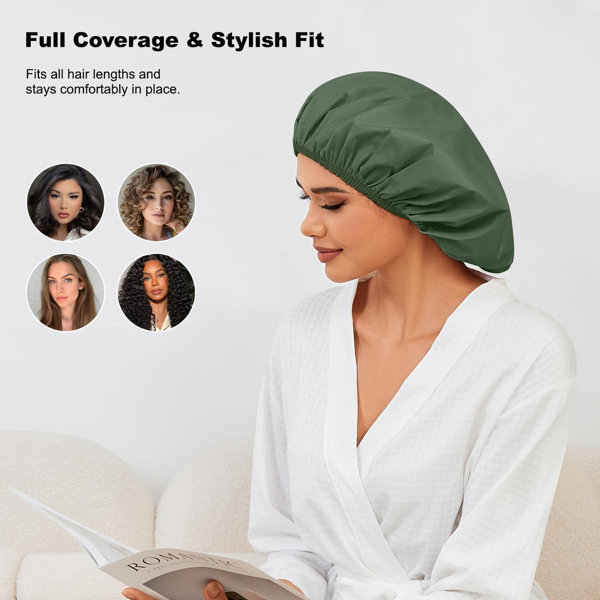 Selalu cap worn by woman with braids keeping hair dry during shower