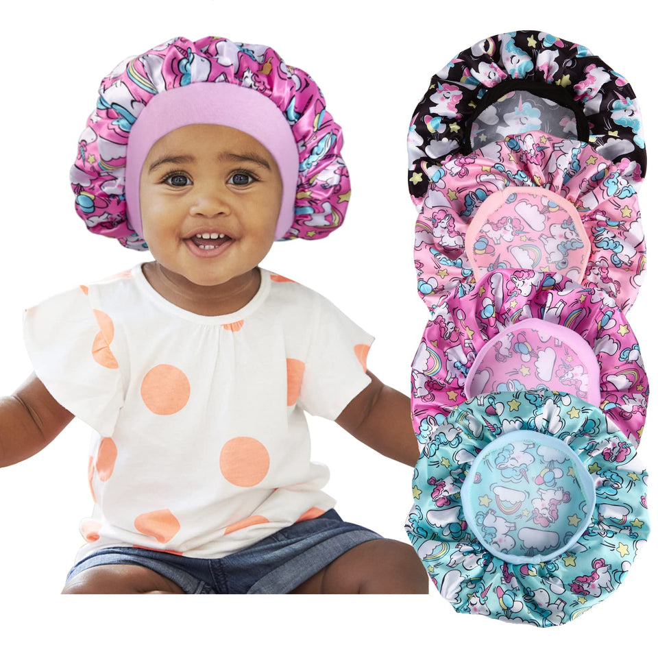 Selalu front view of four unicorn bonnets showing colors and packaging, protects hair overnight