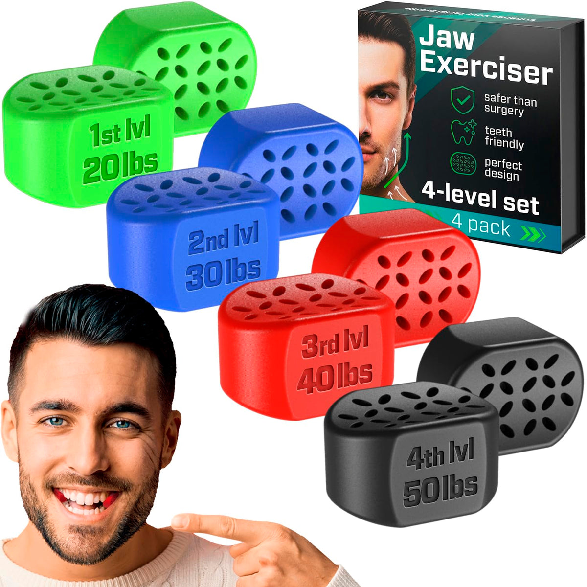 SELENCIO front view of four-pack box showing all resistance levels and benefits