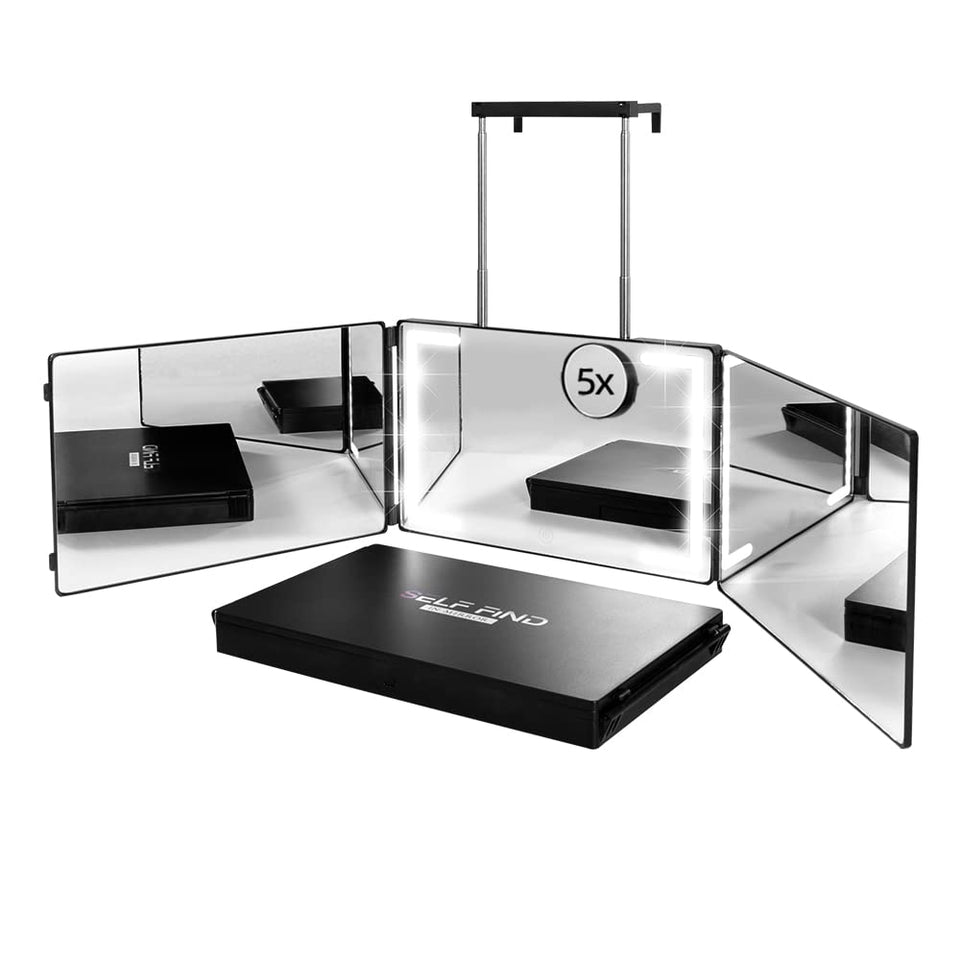 SELF FIND three-way mirror front view with bright ring light for accurate styling