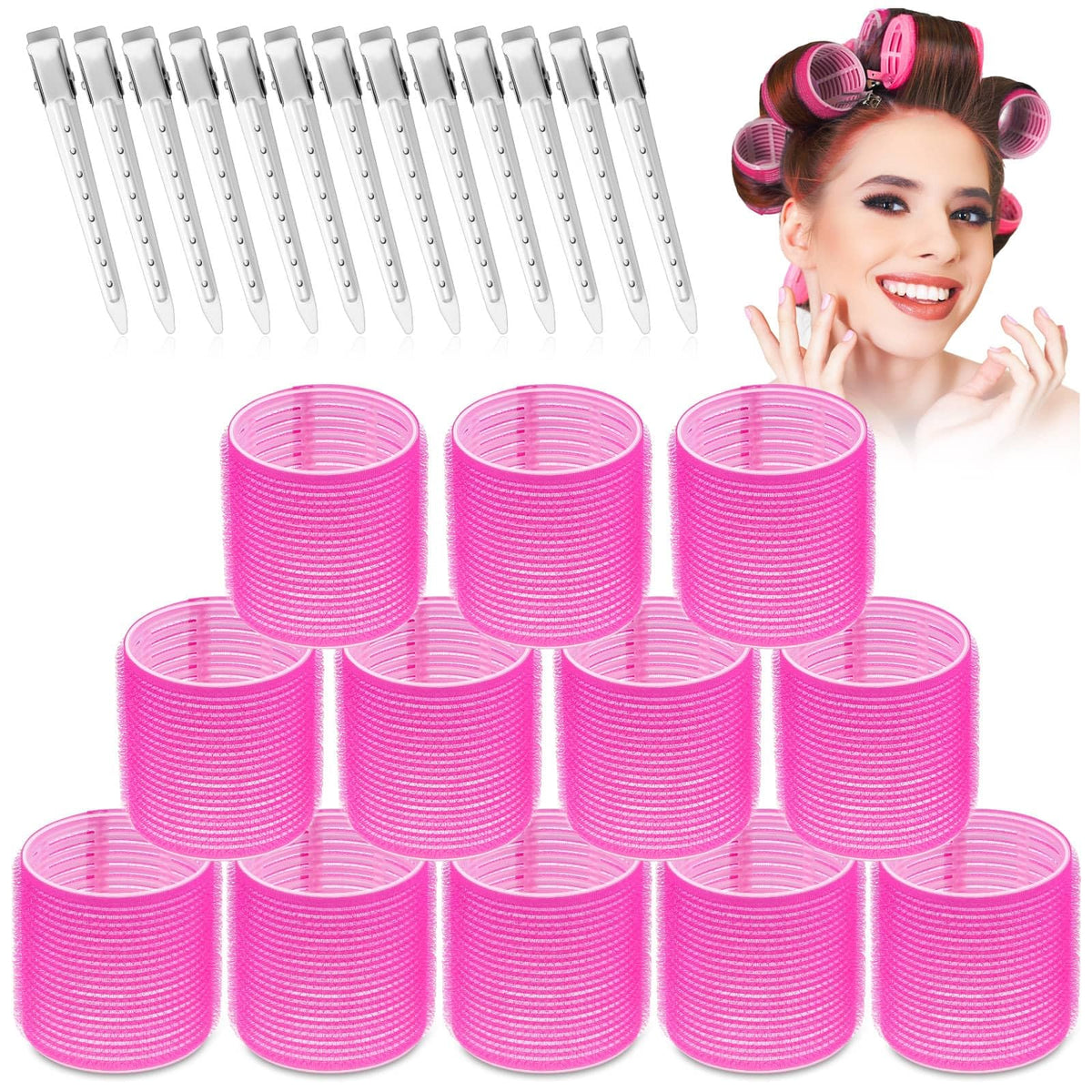 selizo front packaging showing hot pink jumbo rollers and clips for easy styling