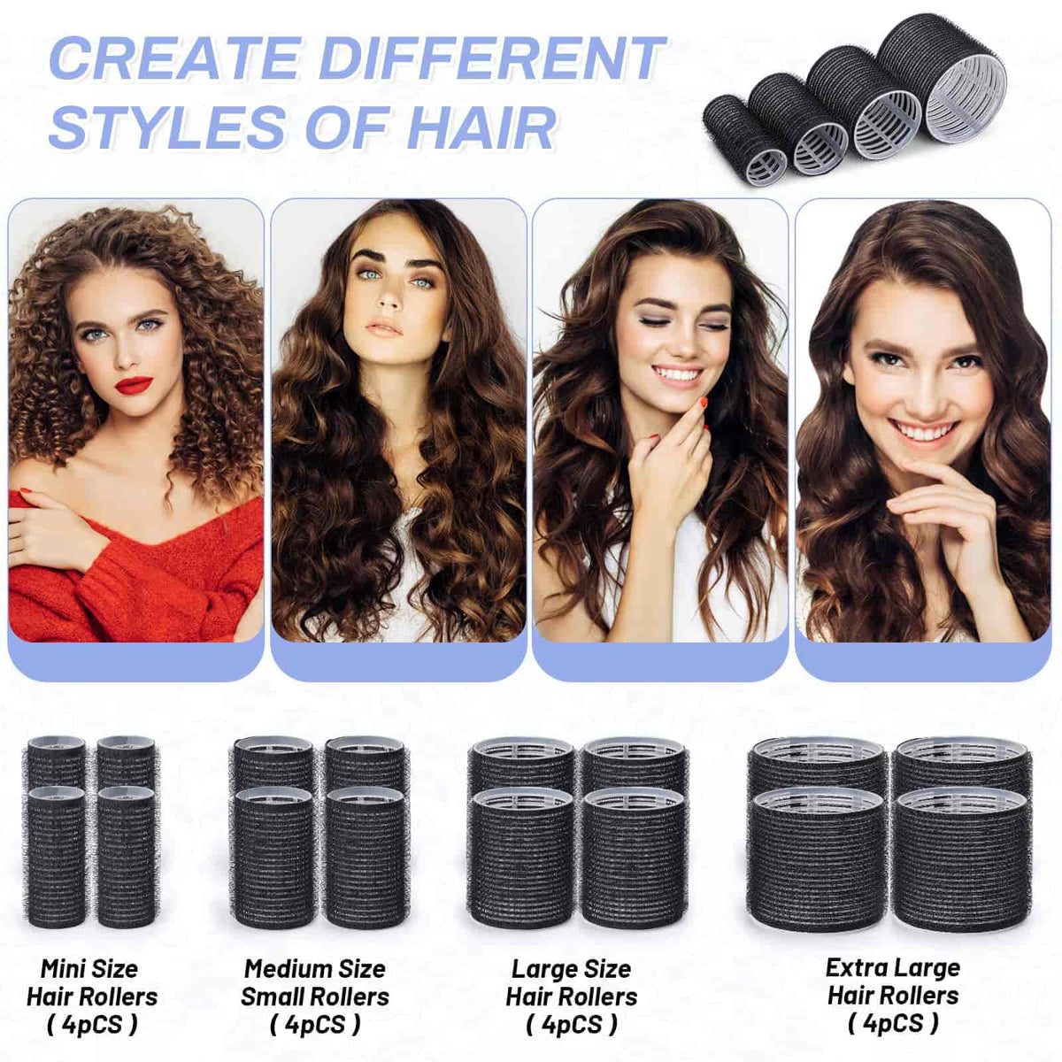 selizo arranged rollers showing four sizes for varied curl results