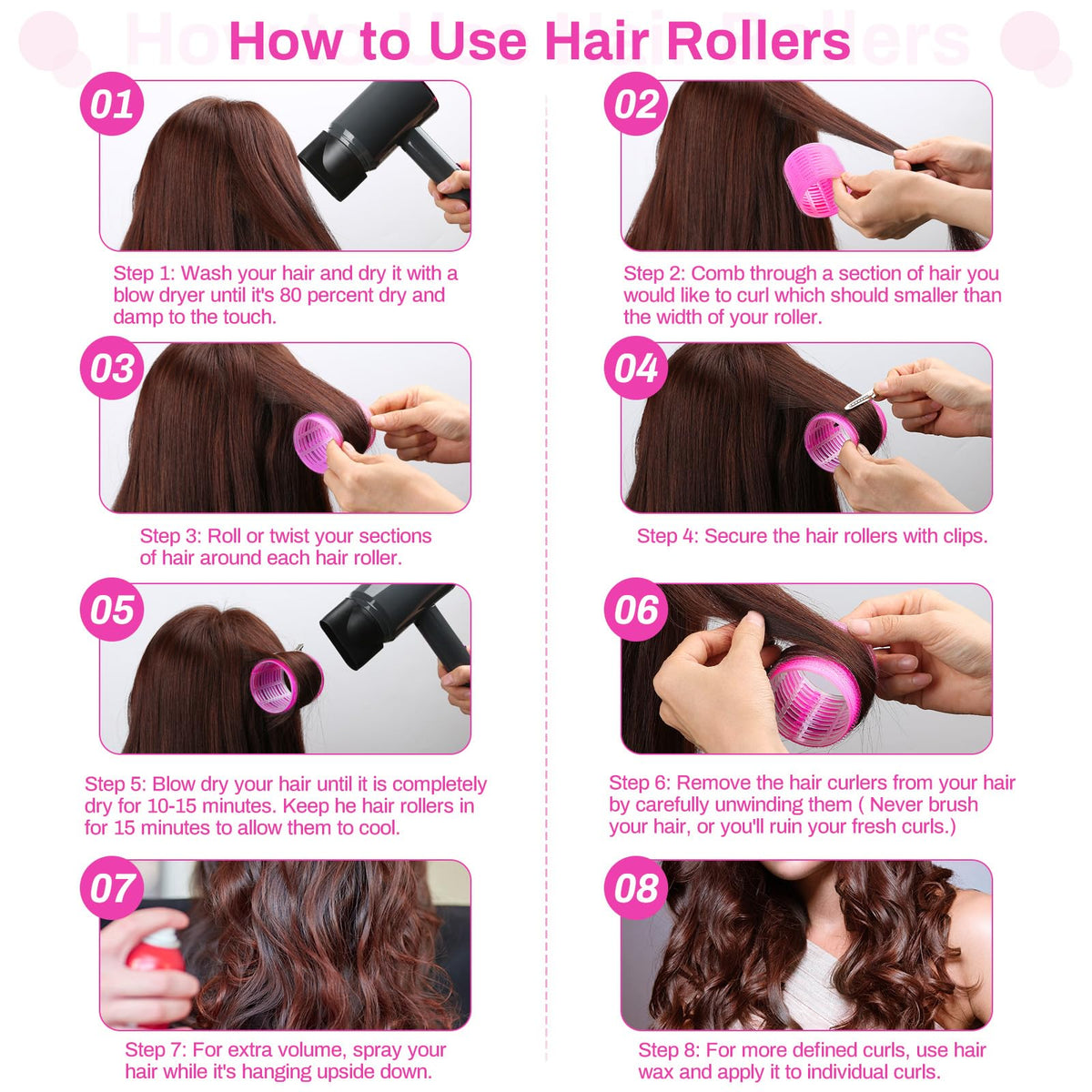 selizo rollers installed in long hair demonstrating easy application and volume