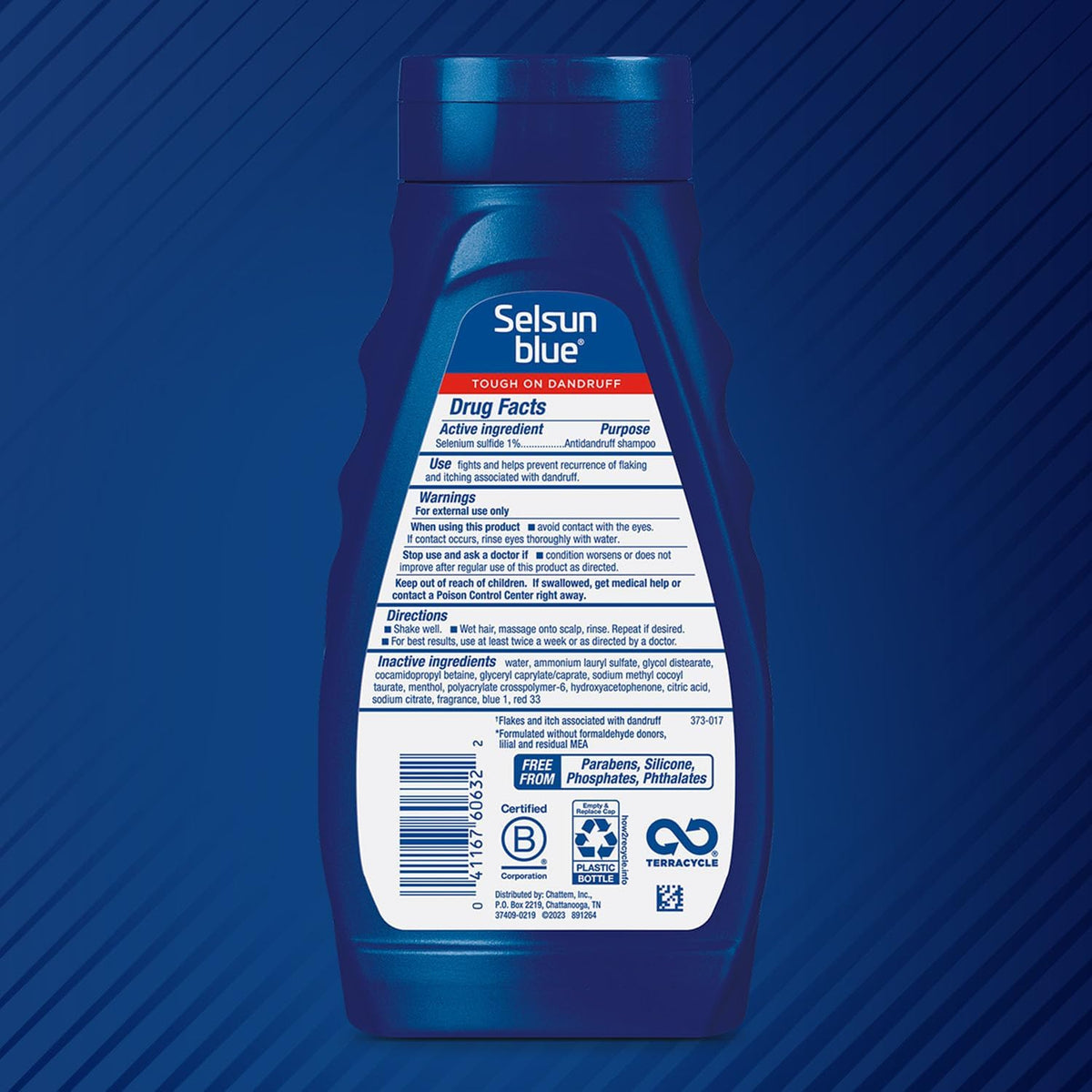 Selsun Blue bottle cap and clear label close-up highlighting active ingredient