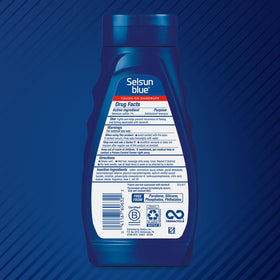 Selsun Blue bottle cap and clear label close-up highlighting active ingredient