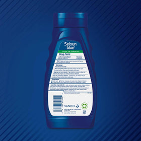 Selsun Blue close-up label highlighting 1% selenium sulfide and aloe for clarity
