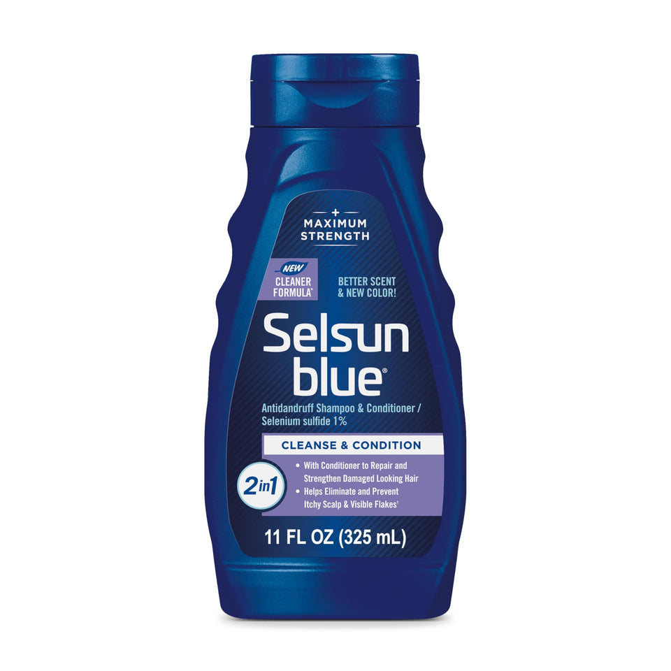 Selsun Blue front label showing product name and 2-in-1 benefit