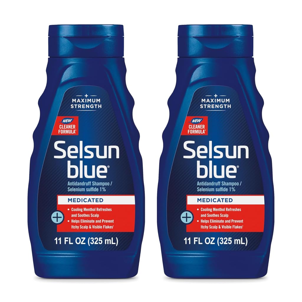 Selsun Blue front packaging showing two bottles and benefits