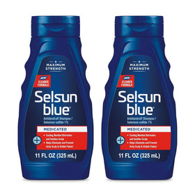 Selsun Blue front packaging showing two bottles and benefits