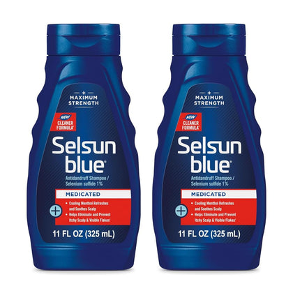 Selsun Blue front packaging showing two bottles and benefits