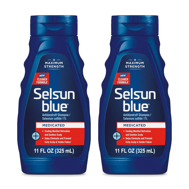 Selsun Blue front packaging showing two bottles and benefits