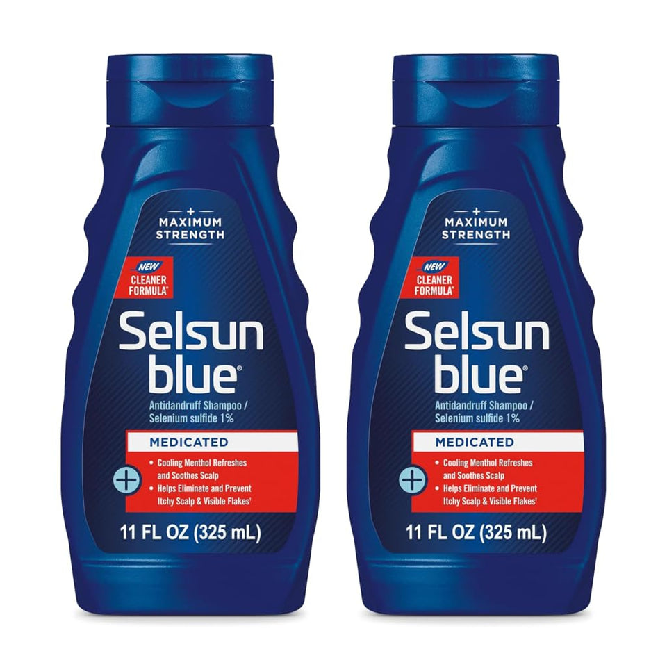 Selsun Blue front packaging showing two bottles and benefits