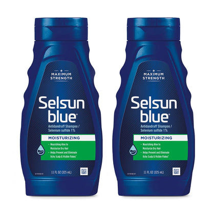 Selsun Blue front packaging showing twin 11 fl oz bottles and product benefits