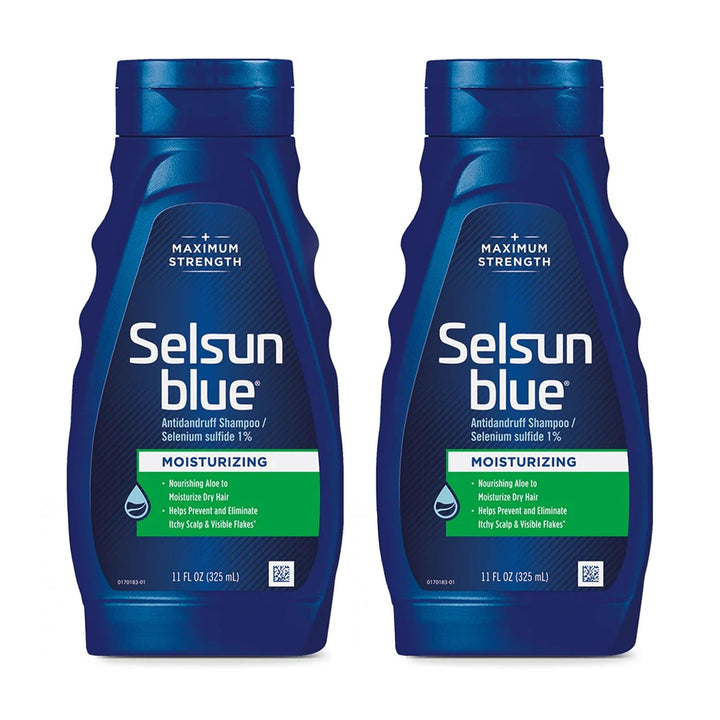 Selsun Blue front packaging showing twin 11 fl oz bottles and product benefits