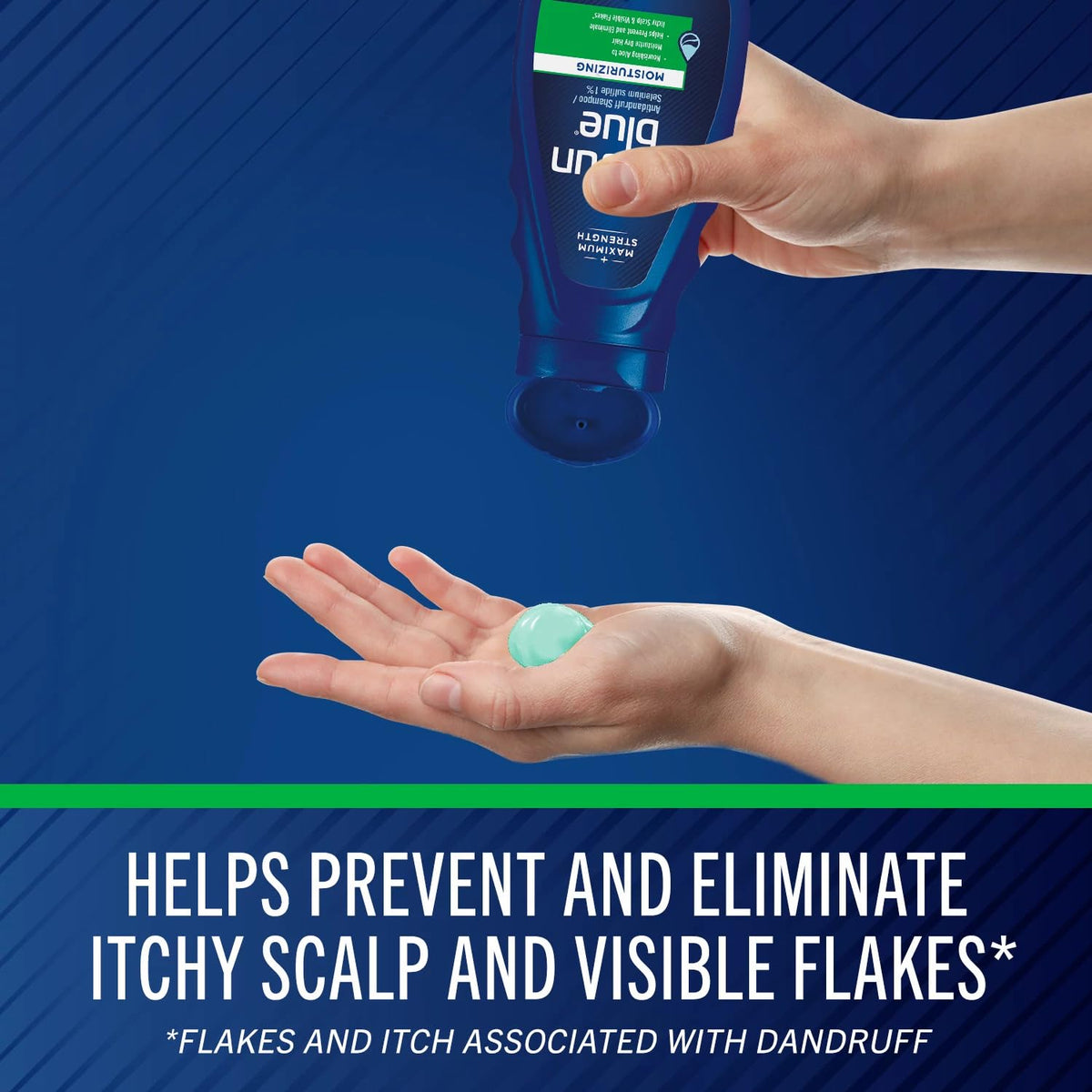 Selsun Blue bottles on a bathroom shelf conveying daily routine convenience and control