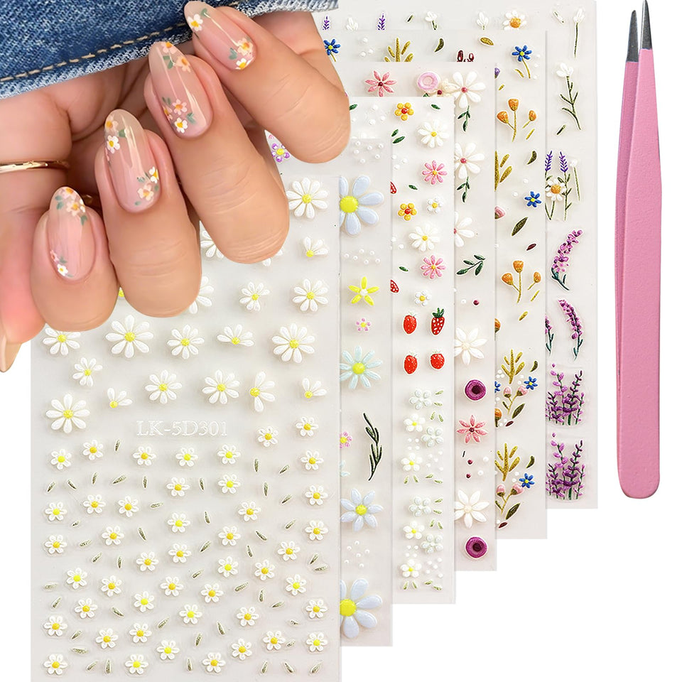 SEMATA front view of decal sheets showing multiple floral patterns and included tweezers for convenience