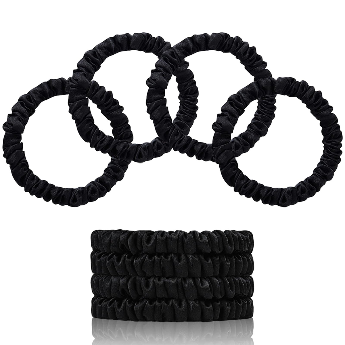 SEMRUE front packaging showing four black silk scrunchies, elegant gift-ready presentation