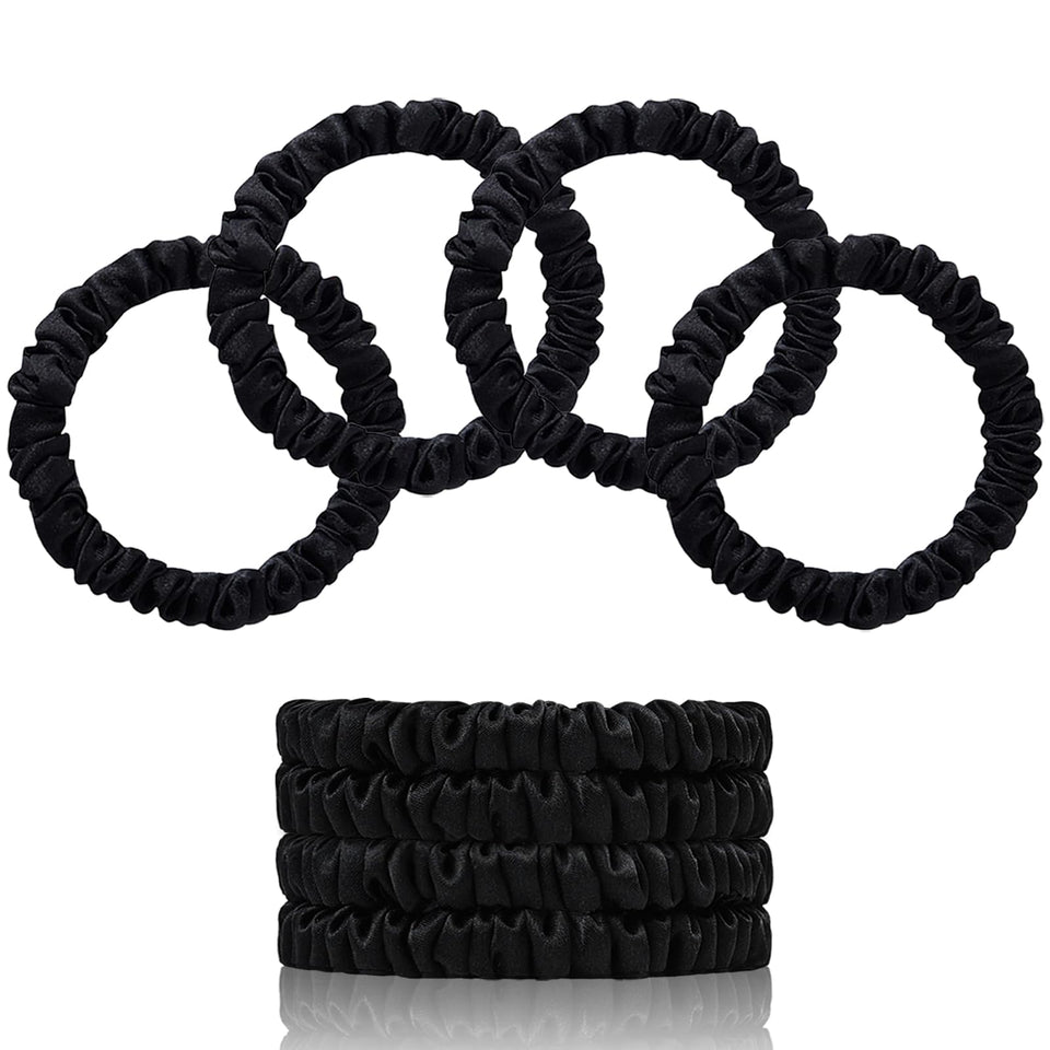 SEMRUE front packaging showing four black silk scrunchies, elegant gift-ready presentation