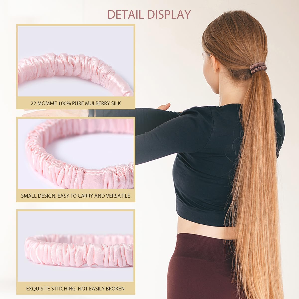 SEMRUE silk scrunchie holding a low ponytail, gentle secure hold without creases
