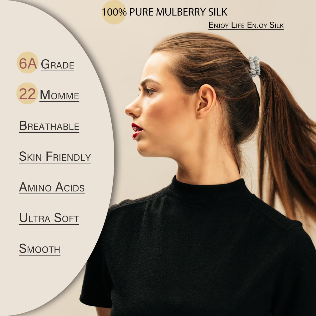 SEMRUE close-up of 22 momme mulberry silk texture, smooth surface reduces friction