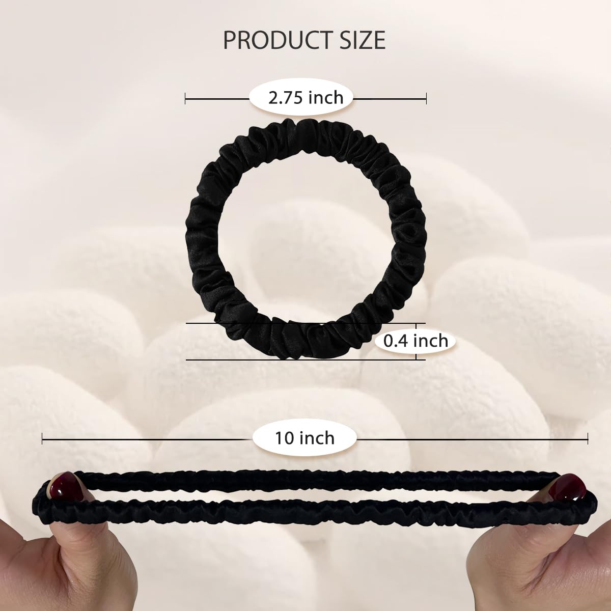 SEMRUE scrunchie next to hand for scale, compact size visible and versatile