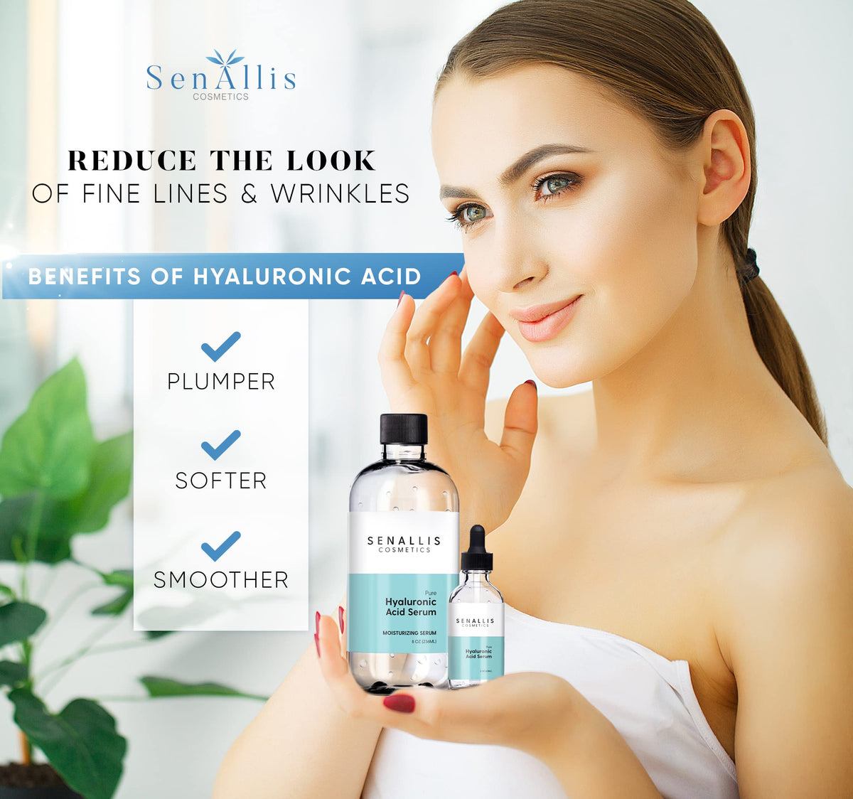 SenAllis serum applied to model's cheek demonstrating immediate skin hydration benefit