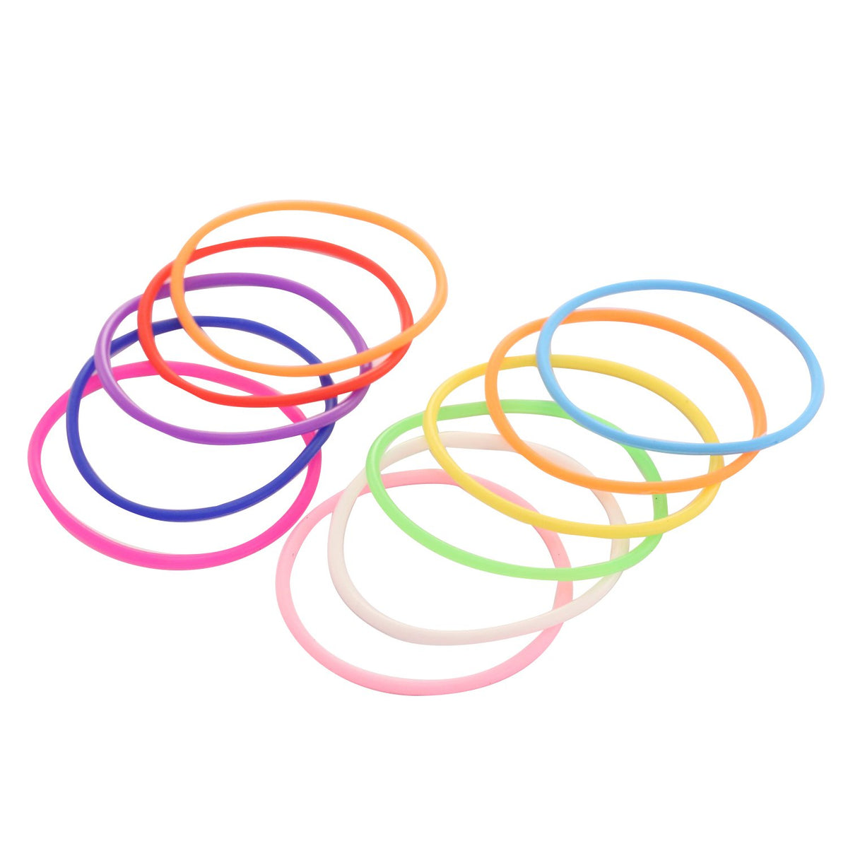 senkary colorful bracelets spread in rows, clear view of ten neon shades