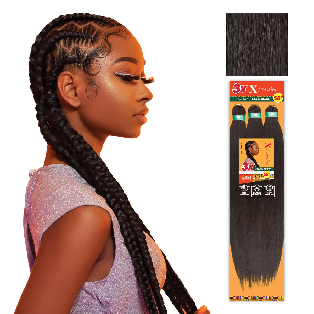 Sensationnel front packaging showing 58 inch prestretched braid and benefits