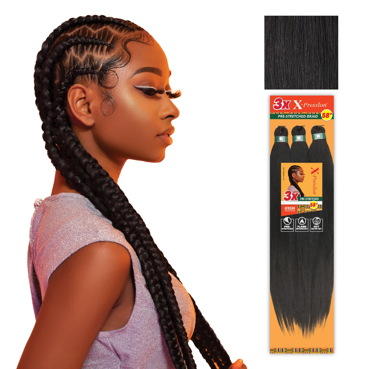 Sensationnel front packaging showing 58 inch pre-stretched braid and shade