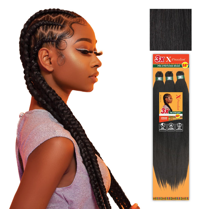 Sensationnel front packaging showing 58 inch pre-stretched braid and shade