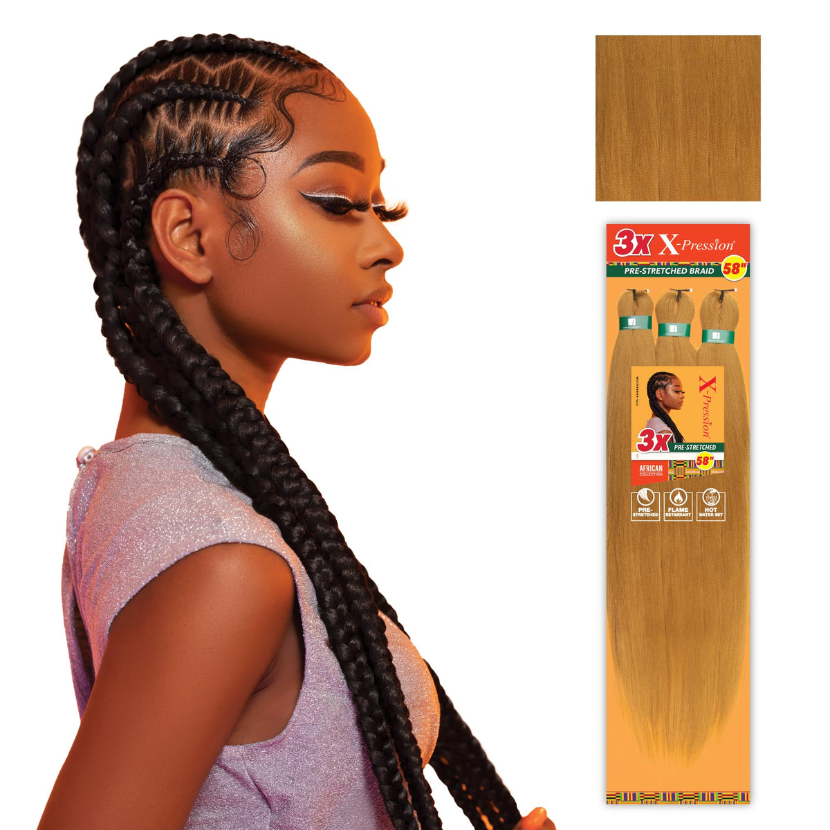 Sensationnel full 58-inch length displayed to show dramatic length and styling options
