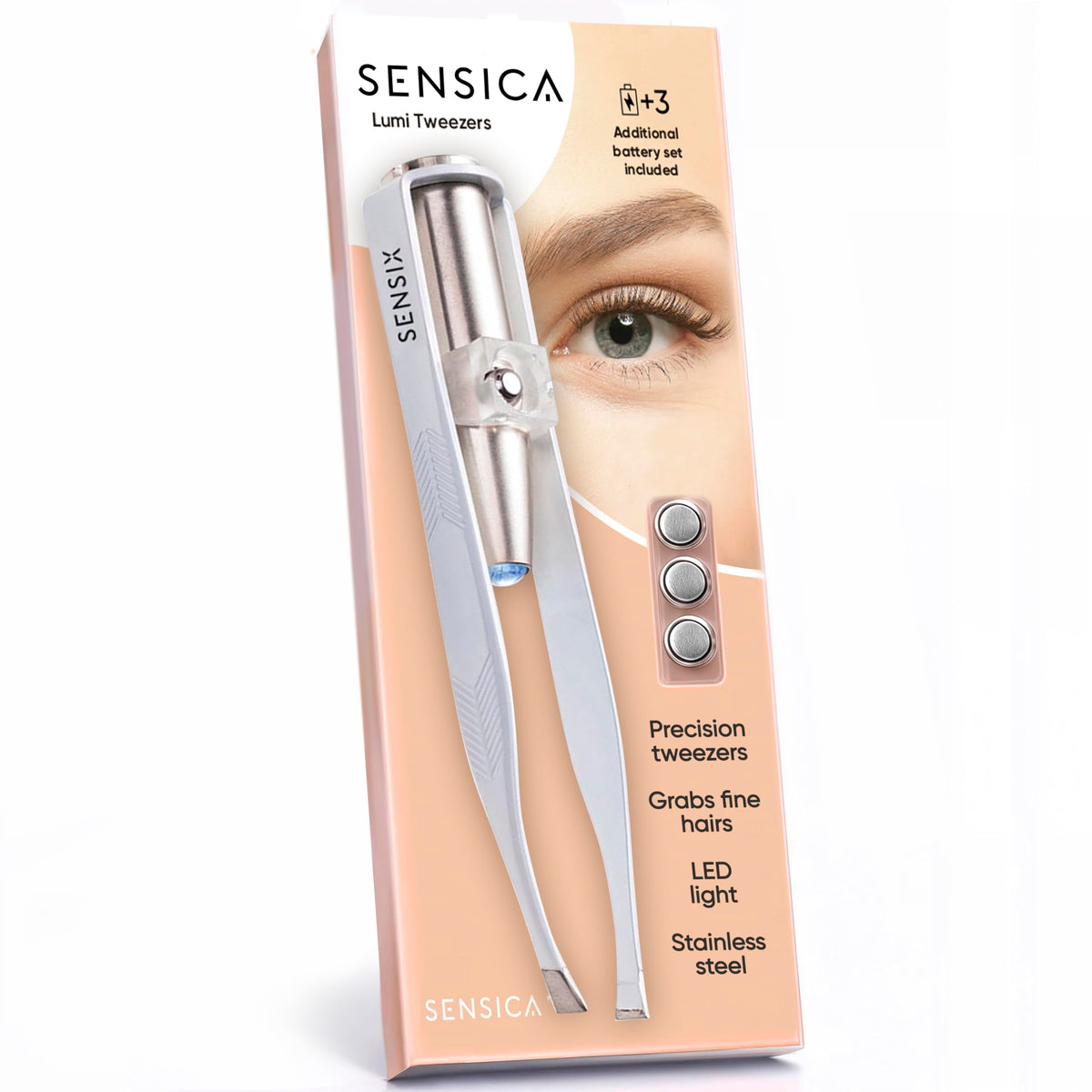 Sensica front view showing white packaged tweezers and clean design benefit precision