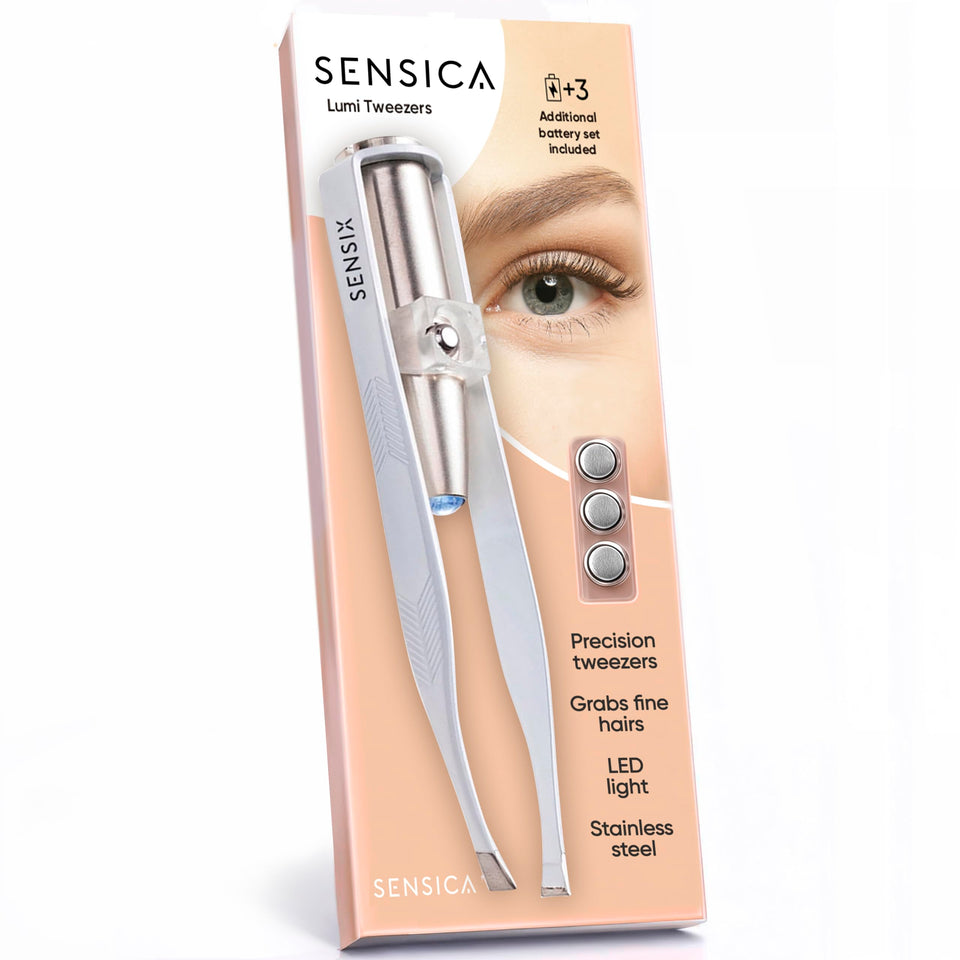 Sensica front view showing white packaged tweezers and clean design benefit precision