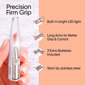 Sensica LED light on at tweezer tip highlighting hairs for easier removal