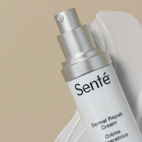 Bathroom counter scene with Senté cream in routine to promote everyday skincare ease