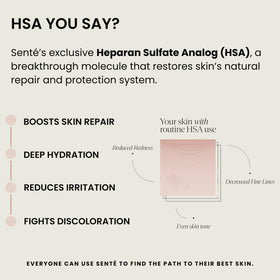 Close-up label on Senté cream listing HSA, vitamin E and green tea for antioxidant support