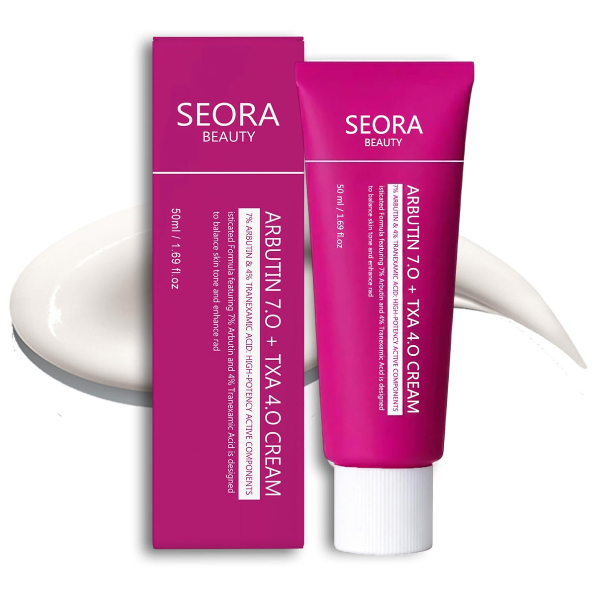 Seora Beauty front packaging showing compact 50ml tube and brightening promise