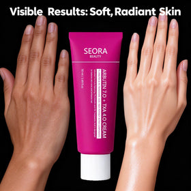 Seora Beauty label and ingredients panel highlighting gentle, non-irritating formula