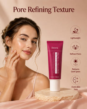 Seora Cream label and ingredients closeup showing active arbutin and niacinamide benefits