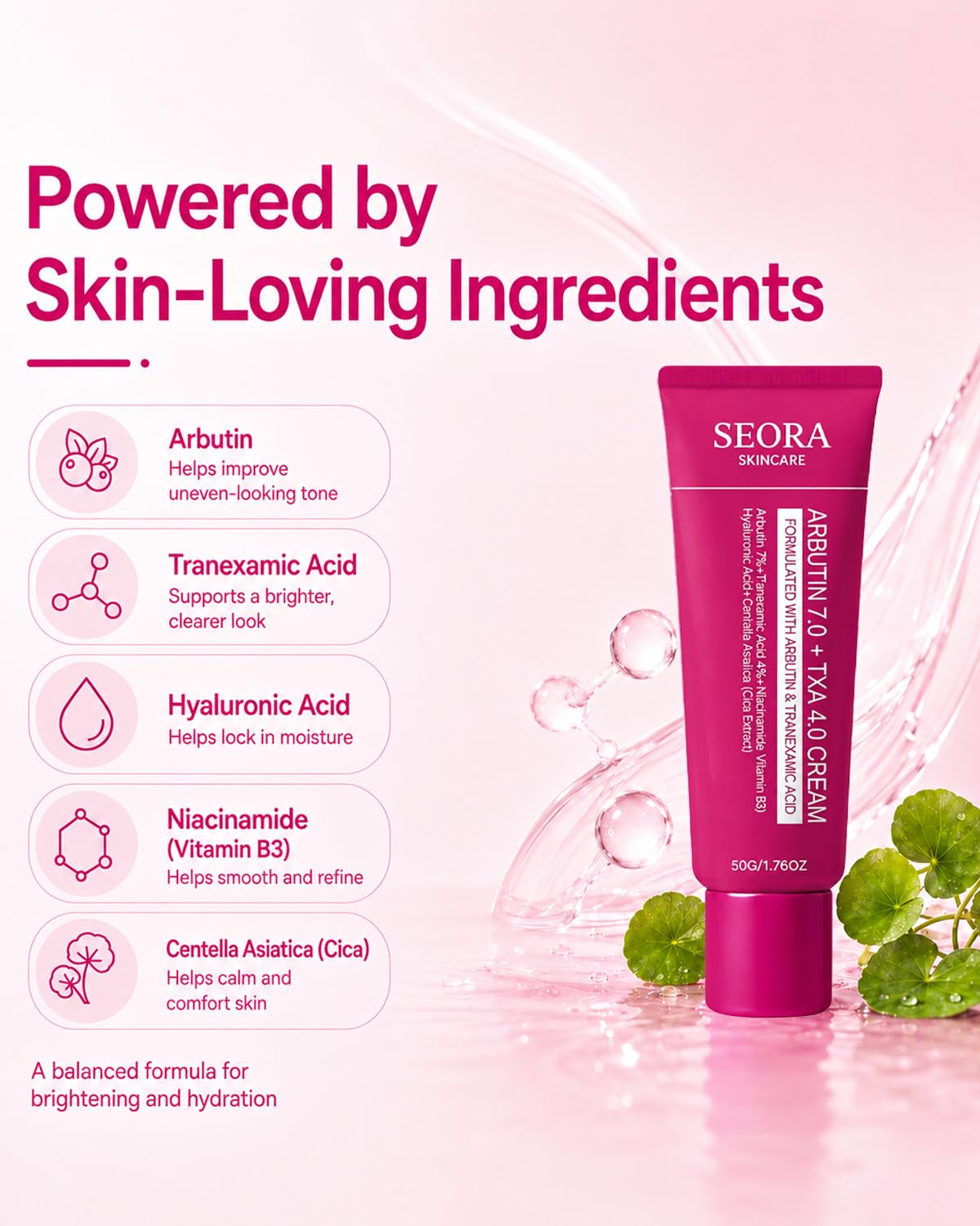 Seora Cream label close-up highlighting arbutin and tranexamic acid benefits
