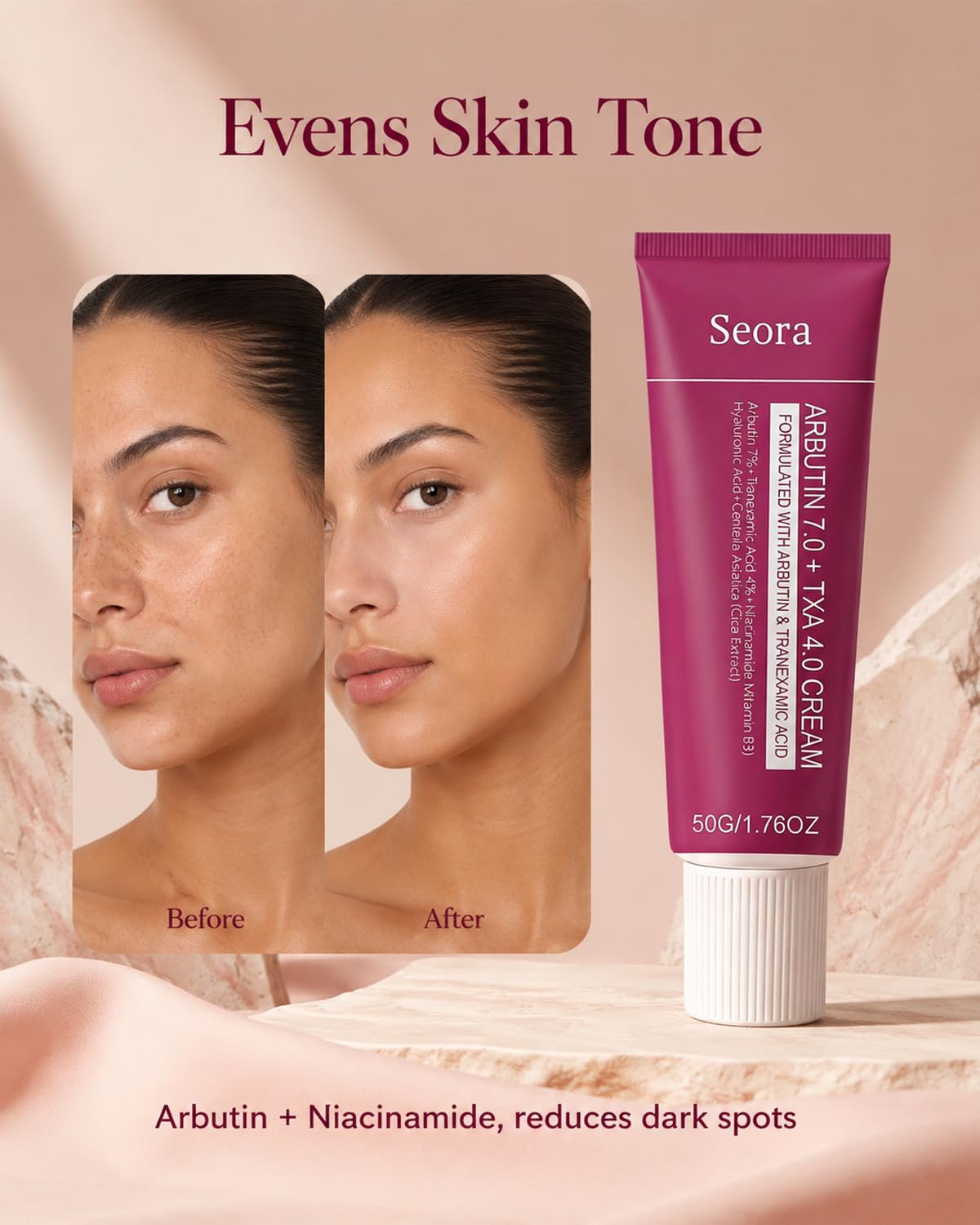 Seora Cream pump dispensing moisturizer demonstrating easy application and hydration