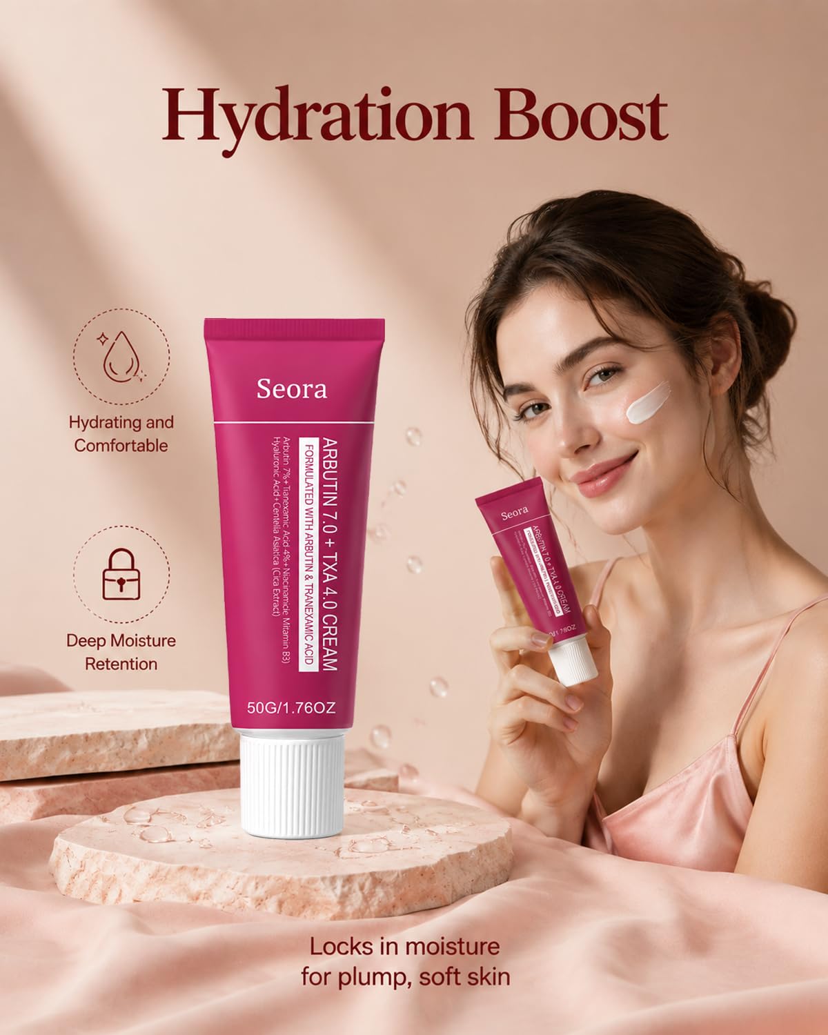 Seora Cream next to coin for size comparison showing product portability benefit