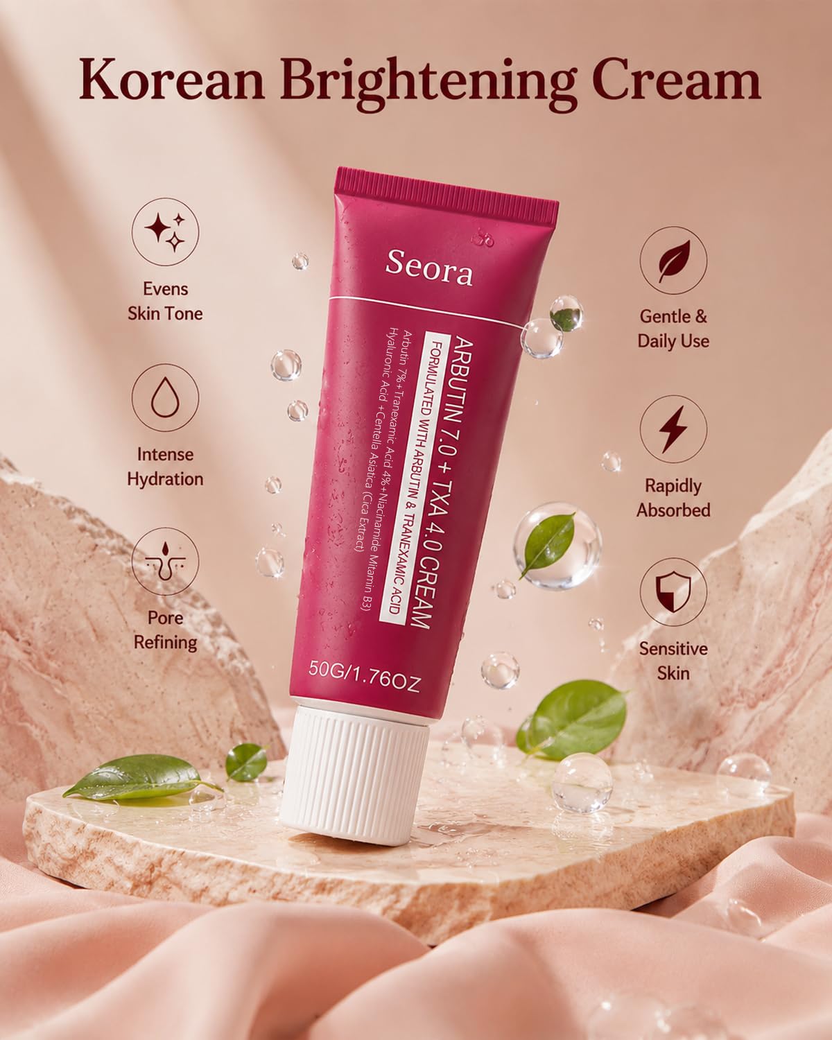 Seora Cream texture closeup highlighting lightweight cream for fast absorption