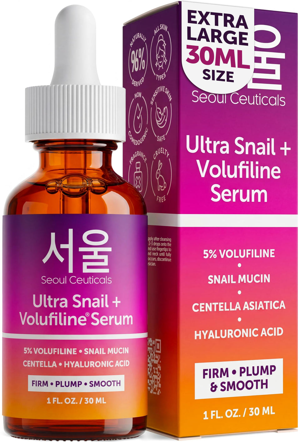 SeoulCeuticals front packaging showing plumping serum bottle and branding benefit