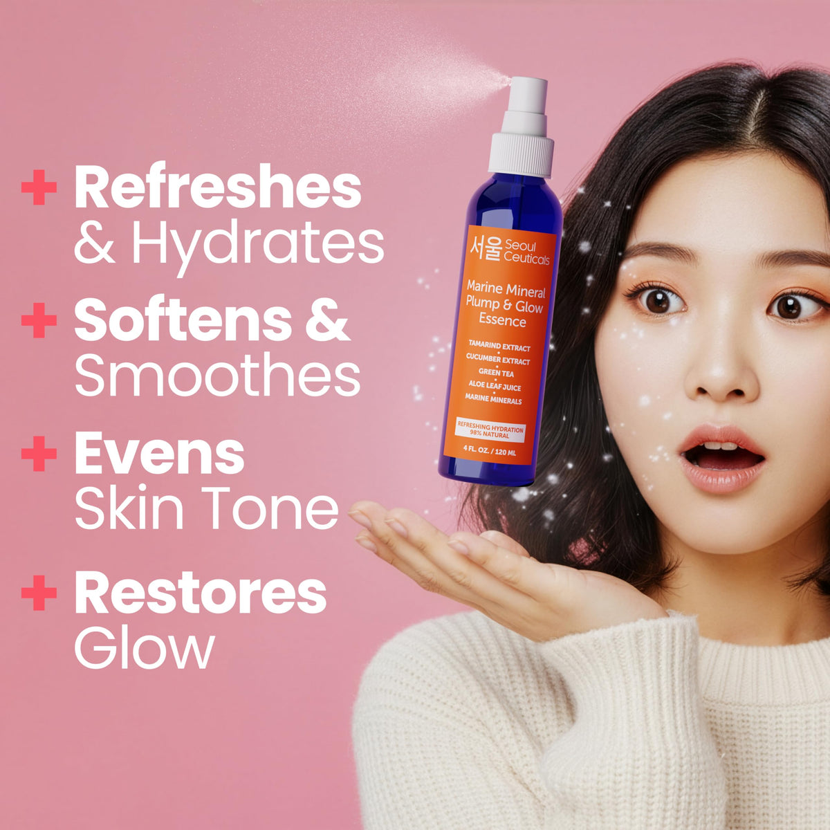SeoulCeuticals mist spraying onto skin delivering instant cooling and moisture