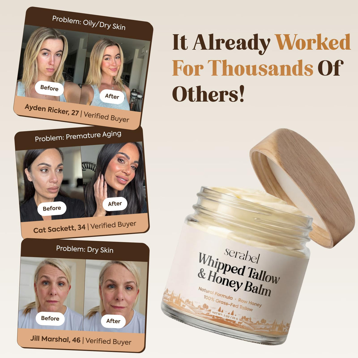 SERABEL label and ingredient list highlighting grass-fed tallow benefit